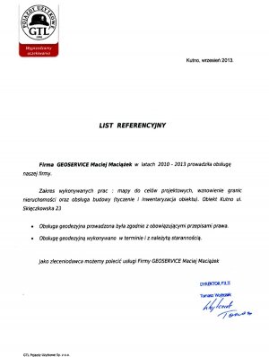 List referencyjny wystawiony przez firmę GTL dla Geoservice