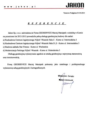 List referencyjny wystawiony przez firmę Jakon dla Geoservice