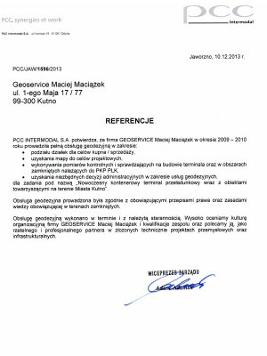List referencyjny wystawiony przez firmę PCC Intermodal dla Geoservice