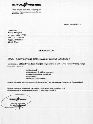 List referencyjny wystawiony przez firmę Nijhof Wassink dla Geoservice