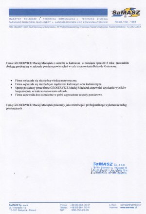 List referencyjny wystawiony przez firmę SaMASZ dla Geoservice