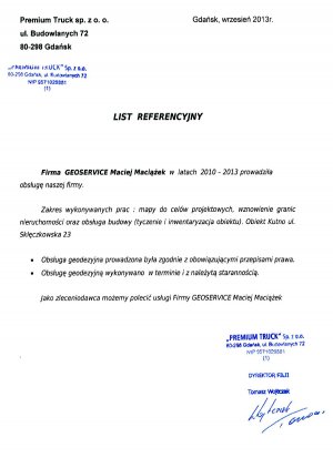 List referencyjny wystawiony przez firmę Premium Truck dla Geoservice